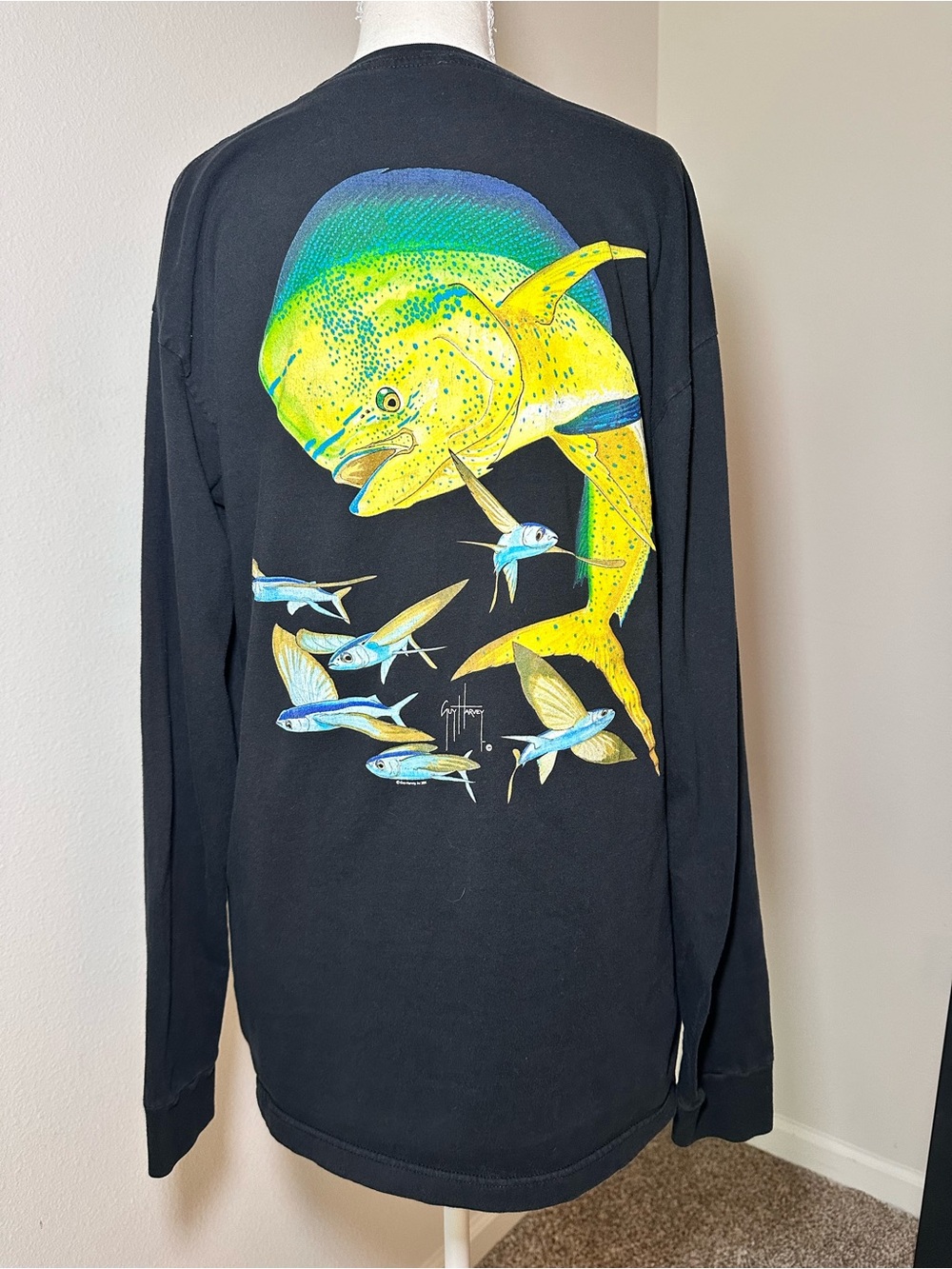 Guy Harvey Black Long Sleeve Swim Shirt with Yellow & Green Mahi Graphic